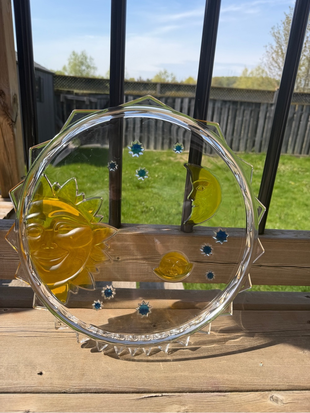 Vintage Celestial Sun Moon Glass Tray 12” Amber Blue Stars Decorative Plate - Picture 2 of 16